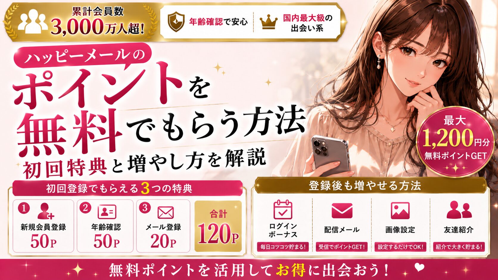 ハッピーメールのポイントを無料でもらう方法｜初回特典と増やし方を解説