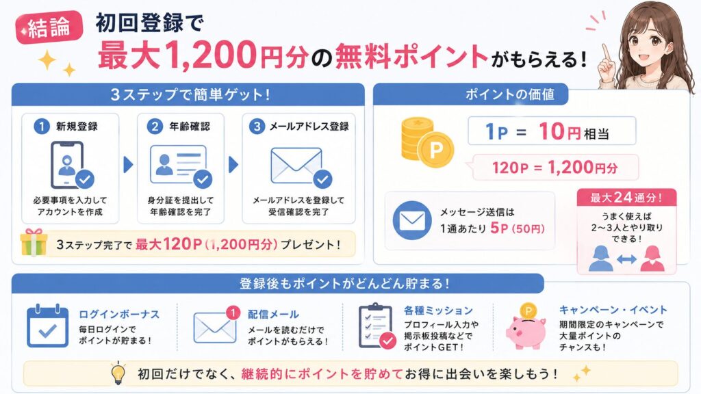 結論:初回登録で最大1,200円分の無料ポイントがもらえる