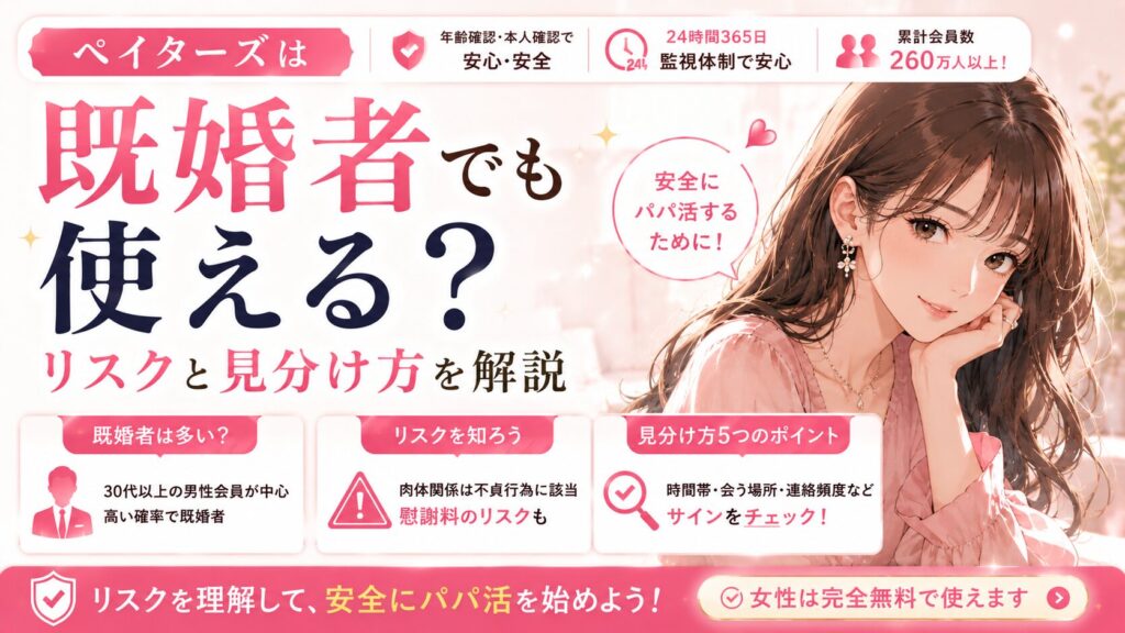 ペイターズに既婚者はいるの? 既婚者とパパ活したら不倫になる?慰謝料を請求されたりしない? 自分が既婚だけど、ペイターズって使えるの? ペイターズ(paters)でパパ活を始めようとしている方の中には、既婚者に関する疑問や不安を抱えている方も多いのではないでしょうか。 恋活・婚活目的のマッチングアプリでは既婚者の利用が禁止されているのが一般的ですが、ペイターズはパパ活アプリという性質上、事情が異なります。 結論から言うと、ペイターズは既婚者でも利用可能です。ただし「使えること」と「リスクがないこと」はまったく別の話。知らずに既婚者とパパ活してしまうと、最悪の場合、相手の配偶者から慰謝料を請求されるリスクもあります。 この記事では、パパ活アプリを5つ使い比べてきた筆者が、ペイターズの既婚者利用の実態から、既婚者とパパ活する法的リスク(慰謝料)、既婚者の見分け方、さらに既婚女性(主婦)のパパ活まで、知っておくべき情報をまとめて解説していきます。 結論:ペイターズは既婚者でも利用できる(規約で禁止されていない) 結論から言うと、ペイターズは既婚者でも利用できます。利用規約に「既婚者の利用を禁止する」という条項はありません。 ペイターズはペアーズやOmiaiのような恋活・婚活アプリとは異なり、パパ活を目的としたマッチングサービスです。そのため、経済的に余裕のある既婚男性の利用を前提としたサービス設計になっています。 具体的にどのような設計かというと、まずプロフィールには結婚ステータス(既婚・未婚)を記載する欄がそもそもありません。「子供の有無」は設定できますが、婚姻状況を直接示す項目は用意されていないのが現状です。また、登録時に独身証明の提出を求められることもありません。 つまり、ペイターズは「既婚者でも使えるアプリ」というよりも、「婚姻状況を問わないアプリ」と理解した方が正確です。 ただし、既婚者の利用が「規約上OK」であることと、既婚者とのパパ活に「法的リスクがない」ことはまったく別の話です。この点について、以下で詳しく解説していきます。 ペイターズに既婚者はどのくらいいる? 男性会員は30代以上が中心で既婚者の割合が高い ペイターズの男性会員の年齢層は、30代〜60代がメインです。パパ活アプリの性質上、経済的に余裕のある男性が集まるため、必然的に社会的地位が確立された30代以上の方が多くなります。 この年齢層になると、統計的にも既婚者の割合が高くなります。ペイターズにおける既婚者の正確な割合は公式に公表されていませんが、複数のパパ活関連メディアで「既婚者が多い」「高い確率で既婚者」と記載されています。 なぜ既婚者が多いのかというと、パパ活アプリの構造そのものに理由があります。ペイターズの男性会員は月額12,000円〜の料金を支払って利用しています。この金額を「出会いのための投資」として支払えるのは、経済的に余裕のある方に限られます。そして、30代以上で経済力のある男性は、すでに結婚していることが多いのです。 さらに、ペイターズはペアーズやOmiaiのような恋活・婚活アプリと違い、既婚者の利用を禁止していません。婚活アプリでは登録時に独身証明が求められるケースもありますが、ペイターズにはそうした仕組みがないため、既婚者が気軽に登録できる環境になっています。 女性がペイターズでパパ活をする場合、相手の男性が既婚者である可能性は十分にあるということを、事前に理解しておくことが大切です。 既婚者パパのメリット・デメリット(女性視点) 既婚者のパパ=すべてNGというわけではありません。女性にとってのメリット・デメリットを整理しておくと、冷静に判断しやすくなります。 項目メリットデメリット経済面経済的に余裕がある人が多く、お手当が安定しやすい—関係性恋愛感情のトラブルに発展しにくい(割り切った関係を求めている)急なキャンセルが起きやすい(家庭の都合で予定が変わる)時間の自由度—会える時間帯・曜日が限られる(平日夜や休日しか空かない等)法的リスク—配偶者にバレた場合、女性側にも慰謝料が請求される可能性がある 経済面のメリットは大きい一方で、法的リスクは無視できません。特に肉体関係を伴うパパ活の場合、相手の配偶者から慰謝料を請求されるリスクがあります。 既婚者パパのメリットをもうひとつ付け加えると、恋愛感情に発展しにくいという点があります。家庭を持っている男性は「パパ活はパパ活、家庭は家庭」と割り切っていることが多く、変にのめり込んでストーカー化するリスクが独身男性より低い傾向にあります。パパ活を安全に継続するうえでは、この「割り切り」が実はかなり大きな安心材料なんです。 とはいえ、法的リスクは別の問題として存在します。この点は次のセクションで詳しく解説します。 私がパパ活してた頃は、相手が既婚かどうかはっきりわからないまま活動していたこともありました。ただ、会える時間帯が限られていたり、自宅周辺を避けたがる人はいたので、「たぶんそうなんだろうな」と感じる場面はありましたね。 既婚者とパパ活するリスク|慰謝料は請求される? ここからは、既婚者とパパ活をした場合の法的リスクについて解説します。 パパ活をする女性にとっては最も重要なセクションなので、しっかり読んでおいてください。 多くの女性が「パパ活は恋愛じゃないから不倫にならないでしょ?」と考えがちですが、法律上はそう単純ではありません。恋愛感情の有無は関係なく、既婚者との肉体関係は不貞行為として扱われます。 ※以下の内容は弁護士法人の公開情報に基づく一般的な情報提供であり、法的助言ではありません。具体的な法的問題については弁護士にご相談ください。 肉体関係がある場合 → 不貞行為に該当する 既婚者との性行為は、民法上の「不貞行為」に該当します。不貞行為は不法行為として扱われるため、相手の配偶者(妻)が知った場合、女性側にも慰謝料を請求される可能性があります。 慰謝料の相場は数十万円〜300万円程度とされています(参考:アディーレ法律事務所「パパ活も不倫なの?慰謝料請求されたときに役立つ知識を弁護士が解説」)。 刑事罰(逮捕や懲役)はありませんが、民事上の責任として高額な金銭を支払う義務が生じるリスクがあるということです。 仮にお手当が1回2万円だとすると、慰謝料50万円を回収するには25回分のデートが必要です。300万円なら150回分に相当します。目先のお手当と比べて、慰謝料のリスクがいかに大きいかがわかるのではないでしょうか。 食事のみの場合 → 基本的にリスクは低い 食事やお茶だけの関係であれば、不貞行為には該当しません。肉体関係がない限り、基本的に慰謝料を請求されるリスクは低いと言えます。 実際、パパ活では「食事デートのみ」で活動している女性も多く、食事だけの関係であれば法律上の問題は基本的に発生しません。食事パパ活は、既婚者とのリスクを避けるもっとも確実な方法のひとつです。 ただし、注意点がひとつあります。たとえ肉体関係がなくても、頻繁にデートを繰り返したり、メッセージで性的なやり取りをしたりすると、それ自体が「婚姻生活の平穏を害する行為」とみなされ、慰謝料請求の対象になるケースが報告されています。 たとえば、同じ相手と毎週のように食事デートを重ね、LINEで親密なやり取りを日常的にしていた場合、たとえ肉体関係がなくても「精神的不貞」として扱われる可能性がゼロではありません。 つまり、食事だけだから完全に安全というわけではなく、関係の頻度や内容によってはリスクが発生する場合もあるということです。 【独自整理】関係性別のリスク比較 既婚者とのパパ活におけるリスクを、関係性のパターン別に整理しました。 関係性のパターン不貞行為に該当するか慰謝料リスク備考食事・お茶のみ(低頻度)該当しない低い基本的に法的問題は生じにくい頻繁なデート・性的なメッセージグレーゾーン中程度「婚姻生活の平穏を害する」と判断される場合あり肉体関係あり該当する高い(数十万〜300万円)不法行為として慰謝料請求の対象 この表からわかるとおり、食事のみの関係に留めておくことが、法的リスクを避けるうえでもっとも確実な方法です。肉体関係の有無が、リスクの大きさを決定的に分けるポイントになっています。 なお、この整理はあくまで一般的な傾向であり、個別のケースによって裁判所の判断は異なります。「食事だけだから絶対安全」「肉体関係があったから必ず慰謝料」とは断言できない点は押さえておいてください。 既婚者と知らなかった場合は慰謝料が発生しない? 相手が既婚者であることを知らず、知らなかったことに落ち度もなかった場合(法律上「故意・過失がない」場合)は、慰謝料の支払い義務は基本的に発生しないとされています。 ペイターズではプロフィールに結婚ステータスの記載欄がないため、相手が自分から告げない限り、女性側が既婚であることを「知り得なかった」と主張できる余地があります。 ただし、途中で既婚者であることに気づいた場合や、気づけるだけの情報があったにもかかわらず確認しなかった場合は、その時点から「故意・過失あり」と認定される可能性があります。 たとえば、相手が「子供の運動会があるから今週は会えない」と言ったり、「妻が…」という発言が出たりした場合、その時点で既婚を「知り得た」とみなされるリスクがあります。一度でもそうした情報に触れた場合は、「知らなかった」で済まない可能性が出てきます。 つまり、「知らなかった」で通用するかどうかはケースバイケースであり、法的責任を負う可能性がゼロになるわけではないことを理解しておいてください。 ※この情報は一般論であり、個別の事案によって判断は異なります。万が一トラブルに発展した場合は、早い段階で弁護士に相談することをおすすめします(参考:アディーレ法律事務所「パパ活も不倫なの?」)。 既婚者の見分け方5つのポイント ペイターズのプロフィールには結婚ステータスの記載欄がないため、相手が既婚者かどうかを見分けるのは簡単ではありません。直接聞いても「独身です」と嘘をつかれる可能性もあります。 ただし、いくつかのサインをチェックすることで、既婚者かどうかをある程度推測できます。ここでは、やり取りやデートの中で確認しやすい5つのポイントを紹介します。 ①プロフィールの「子供の有無」を確認する ペイターズのプロフィールには「子供の有無」を設定する項目があります。「子供あり」になっている場合は、既婚者である可能性が高いと判断できます。 もちろん、離婚済みで子供がいるケースもあるので「子供あり=確実に既婚者」ではありませんが、ひとつの判断材料にはなります。逆に「子供なし」でも既婚者である可能性はゼロではないので、これだけで判断するのは避けた方がいいでしょう。 なお、「子供の有無」を未設定にしている男性もいます。あえて設定していない場合は、既婚であることを隠したい意図がある可能性もあるので、他のポイントとあわせて総合的に判断するのがおすすめです。 ②会える時間帯・曜日に偏りがないか確認する 既婚者の場合、家庭の都合で自由に動ける時間が限られていることが多いです。「平日の夜しか空かない」「土日は家族と過ごすため会えない」「急にキャンセルが入りやすい」といった傾向があれば、既婚者の可能性が高まります。 逆に、平日の日中にも柔軟に時間を取れる方は、独身か、自営業・フリーランスの方である可能性が高いです。会える時間帯のパターンは、やり取りを重ねていくうちに自然と見えてきます。メッセージのやり取りの中で「今度の土曜日はどうですか?」と提案してみて、毎回断られるようなら注意してみてください。 ③自宅周辺や最寄り駅を避けたがるか デート場所を提案したときに、自宅周辺や最寄り駅でのデートを極端に避ける場合、配偶者にバレることを警戒している可能性があります。特に「近所で知り合いに見られるかもしれない」という発言があった場合は、家庭がある人のリアクションである可能性が高いです。 「いつも都心部のホテルラウンジを指定する」「自宅のエリアを絶対に教えない」「デートの帰り道は別行動を提案してくる」といったパターンが見られたら、既婚者のサインかもしれません。 ④連絡が取れない時間帯があるか 夜22時以降や朝にメッセージの返信が途絶える場合は、家族と過ごしている時間帯の可能性があります。 やり取りの中で「毎晩この時間になると返信が来なくなる」「朝は必ず既読スルーになる」というパターンが見えてきたら、家庭がある可能性を頭に入れておいた方がいいかもしれません。 もうひとつ注目したいのは、電話の対応です。既婚者の場合、家族がいる時間帯には電話に出られないことが多いです。「電話で話したいけどLINEは無理」「通話は平日の昼間だけ」といった制約がある場合は、家庭の存在を示すサインかもしれません。 ⑤あえて確認しないという考え方もある 既婚者かどうかをあえて確認しないことで、「既婚だと知らなかった」という立場を維持できるという考え方もあります。 ペイターズのプロフィールに結婚ステータス欄がない以上、自分から聞かなければ「知り得る機会がなかった」と主張できる余地があるためです。 ただし、当サイトではこの方法を推奨するものではありません。 「知らなかった」が通用するかどうかは裁判所の判断に委ねられるものであり、途中で既婚と推測できる情報(子供がいる発言、家族の話題など)が出てきた時点で「知り得た」とみなされるリスクがあります。つまり、「聞かなければセーフ」と断言できるものではなく、状況次第では法的責任を負う可能性が残ります。 リスクを最小限にしたい方は、食事のみの関係に留めておくか、相手の婚姻状況をきちんと確認した上で判断する方が安全です。 パパ活してた期間で一番気をつけてたのは、相手との関係性をどこまでにするかの線引きでした。私の場合は基本的に食事メインで活動してたので、法的なトラブルに巻き込まれることはなかったです。どこまでの関係を持つかは、リスクを知った上で自分で決めるのが大事だと思います。 既婚女性(主婦)もペイターズでパパ活できる? 利用規約上は既婚女性の利用も禁止されていない ペイターズの利用規約には、既婚女性の利用を禁止する条項はありません。男性と同様に、既婚の方でも登録・利用が可能です。 実際に、主婦や既婚女性がペイターズでパパ活をしているケースは珍しくありません。女性は完全無料で利用できるため、アプリの課金による家計への影響もありません。子育てや家事の合間に、空いた時間を使って活動している方もいるようです。 ただし、「規約上OK=リスクがない」ではないことは、男性の場合と同じです。以下で主婦がパパ活する場合のリスクを整理します。 主婦がパパ活する場合のリスク ただし、既婚女性がパパ活をする場合には、男性以上に注意すべきリスクがあります。 まず、配偶者(夫)にパパ活がバレた場合、離婚事由になる可能性があります。特に肉体関係を伴うパパ活をしていた場合は、夫側から不貞行為として慰謝料を請求されるリスクもあります。既婚女性が「パパ活で稼いだお金」よりも、離婚や慰謝料で失うものの方がはるかに大きくなるケースは十分にあり得ます。 また、ペイターズは女性無料なのでアプリ課金の形跡は残りませんが、アプリのインストール自体が見つかったり、メッセージの通知画面を見られたりすることでバレるケースがあります。さらに、パパ活で得た収入を家計に入れた場合、「なぜ急にお金が増えたのか」と疑われるリスクもゼロではありません。 スマホのロック設定や通知管理だけでなく、金銭の管理にも十分に注意してください。 バレないための基本的な対策 既婚女性がペイターズを利用する場合、以下の対策を最低限押さえておくことをおすすめします。 まず、アプリの通知設定は必ずオフにしてください。ロック画面にメッセージ内容が表示されると、そこからバレるリスクがあります。iPhoneなら「設定」→「通知」→「ペイターズ」で通知をオフにできます。 次に、アプリアイコンの管理です。ホーム画面のフォルダに入れておくか、Appライブラリ(iPhoneの場合)に隠しておくことで、画面を見られてもすぐには気づかれにくくなります。 さらに、ペイターズの登録にはSNSアカウントとの連携を避け、パパ活専用のメールアドレスを使用するのがベストです。普段使いのメールアドレスで登録すると、受信ボックスからバレるリスクがあります。GmailやYahoo!メールでパパ活専用のアカウントを作っておくと安心です。 加えて、ペイターズのプロフィール写真にはSNSで公開している写真を使わないようにしてください。Google画像検索やSNSの検索で同じ写真が出てきた場合、身元が特定されるリスクがあります。パパ活用に撮り下ろした写真を使うのが安全です。 よくある質問 ペイターズは既婚者でも利用規約違反にならない? なりません。ペイターズの利用規約に既婚者の利用を禁止する条項はなく、既婚の男性・女性ともに登録・利用が可能です。恋活・婚活アプリ(ペアーズ・Omiai等)とはこの点が異なります。 既婚者とパパ活したら不倫になる? 肉体関係がある場合は民法上の不貞行為(不倫)に該当する可能性があります。食事のみの関係であれば、基本的に不貞行為には該当しません。ただし頻繁なデートや性的なメッセージは別途リスクがあるため、関係の範囲には注意が必要です。 食事だけのパパ活でも慰謝料を請求される? 食事のみであれば基本的に慰謝料を請求されるリスクは低いです。ただし、頻繁にデートを繰り返したり、性的なメッセージのやり取りをしていた場合は「婚姻生活の平穏を害する行為」とみなされるケースもあるため、完全にゼロリスクとは言い切れません。 相手が既婚者かどうかを確認する方法は? ペイターズのプロフィールには結婚ステータスの欄がないため、直接的に確認する方法はありません。「子供の有無」のプロフィール項目、会える時間帯の偏り、自宅周辺を避ける傾向などを総合的にチェックすることで、ある程度の推測は可能です。 主婦でもペイターズに登録できる? はい。ペイターズの利用規約に既婚女性の利用を禁止する条項はなく、登録・利用が可能です。女性は完全無料で利用できます。ただし、配偶者にバレた場合は離婚事由になる可能性があるため、リスクを理解した上での利用をおすすめします。 まとめ ペイターズは既婚者でも利用できるパパ活アプリです。利用規約に禁止条項はなく、プロフィールにも結婚ステータスの記載欄はありません。 ただし、既婚者とのパパ活には法的リスクが伴います。肉体関係がある場合は不貞行為に該当し、相手の配偶者から慰謝料(数十万〜300万円)を請求される可能性があります。食事のみの関係であれば基本的にリスクは低いものの、頻度や内容によってはグレーゾーンになるケースもあります。 女性がリスクを最小限にするためには、この記事で紹介した見分け方のポイントを活用しつつ、自分の中でどこまでの関係に留めるかの線引きを事前に決めておくことが重要です。 食事のみの関係であれば法的リスクは基本的に低く、経済的に余裕のある既婚パパと安全にパパ活を続けることも可能です。一方、肉体関係を持つ場合は慰謝料リスクが常に伴うことを忘れないでください。 ペイターズは女性なら完全無料で利用できます。まずは登録してどんな人がいるか確認するだけでもリスクはないので、気になる方は試してみてください。 ※この記事は一般的な情報提供を目的としたものであり、法的助言ではありません。既婚者とのパパ活に関する具体的な法的問題については、弁護士にご相談ください(参考:アディーレ法律事務所「パパ活も不倫なの?慰謝料請求されたときに役立つ知識を弁護士が解説」)。 あわせて読みたい:ペイターズの料金はいくら?男性の月額・女性無料を解説